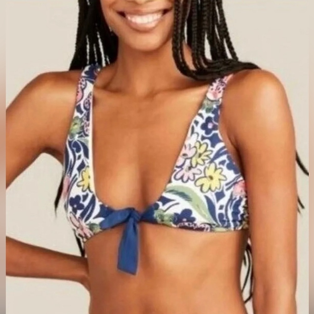Roller Rabbit Navy Floral Tie-Front Bikini Top